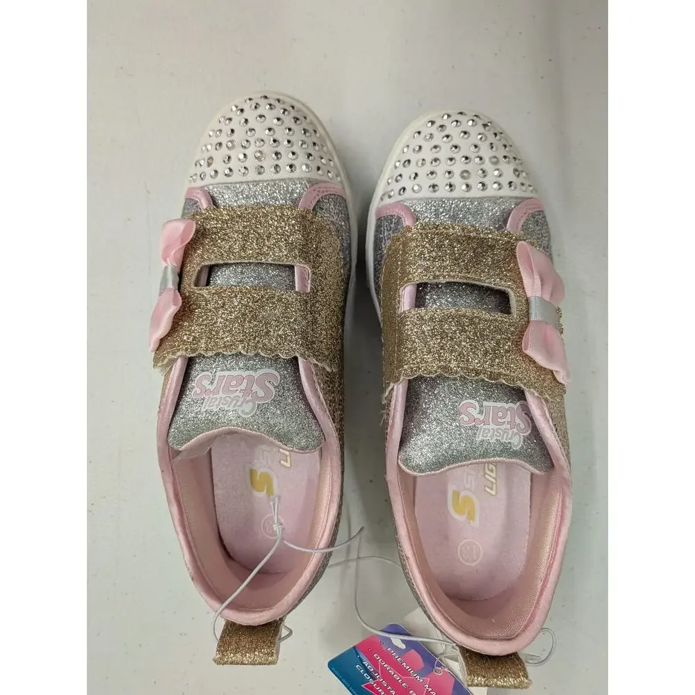 Crystal Stars Girls Glitter Sneakers Pink Gold Rhinestone Hook & Loop Shoes Siz1